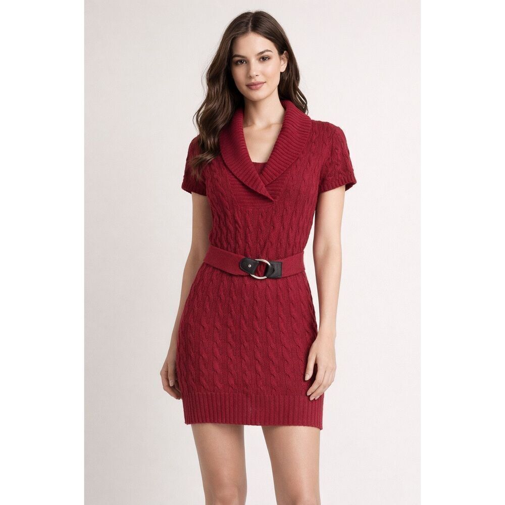 Bebe Red Cable Knit Sweater Dress Belted Shawl Collar Women Small